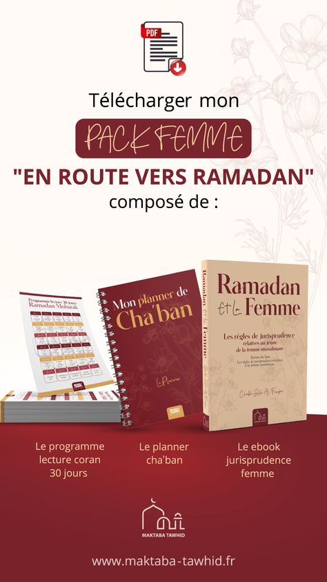 Voici ce que contient notre pack 100 % gratuit "En route vers Ramadan"

- Un planner à utiliser tout au long du mois de Cha'ban pour te préparer à accueillir le mois de Ramadan.

- Un eBook pour apprendre ou réviser les règles du jeûne que toutes les femmes musulmanes doivent connaître

- Un planning de lecture du Coran en 30 jours 

Profites-en et n'hésite pas à partager ! Ramadan