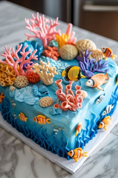 Aquarium Cakes Birthday, Under The Sea Birthday Cakes, Undersea Cake, Underwater Birthday Cake, Under The Sea Cake Ideas, Under The Sea Theme Cake, Under Sea Cake, Aquarium Cake, Undersea Party