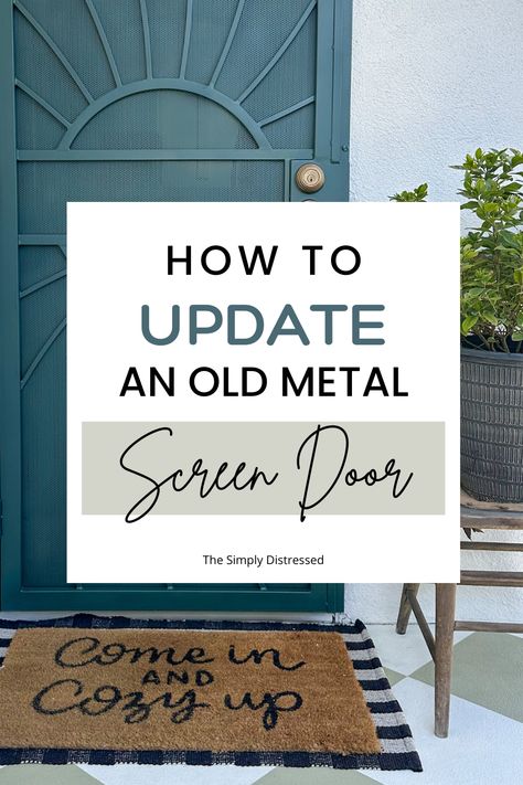 See how you can update your old metal screen door with a few steps. This simple and affordable DIY will make a big impact. Front Door With Screen Doors Metal, Mcm Storm Door, Painted Metal Screen Door, Painting Security Screen Door, Security Screen Door Makeover, Front Door With Security Door, Painting A Metal Screen Door, Metal Storm Door Makeover, Front Door With Security Screen