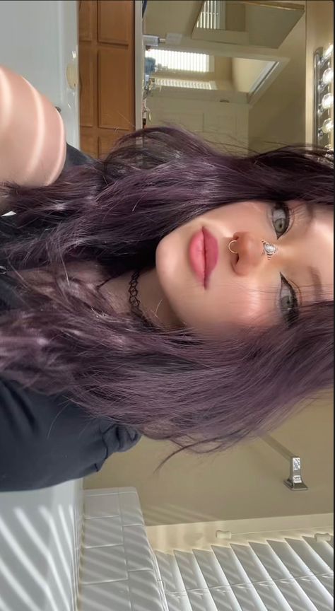 Dark Purple Hair Makeup, Darkish Purple Hair, Purple Dye Over Brown Hair, Dark Brown And Purple Hair Split Dye, Purple With Light Brown Hair, Dark Gray Purple Hair, Brown Hair W Purple Highlights, Dark Plum Brown Hair Color, Dark Purple Hair Outfit