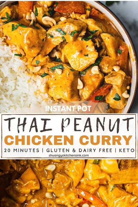 This Instant Pot Thai Peanut Curry Chicken is SO flavorful! The tender and juicy chicken paired with creamy Thai peanut curry sauce, you NEED this for the whole family! This Thai curry chicken recipe can be made in 20 minutes in instant pot, perfect for a healthy and quick dinner. It is freezer friendly, add this peanut curry recipe to your meal prep! This Thai Peanut Curry Chicken is Gluten Free Dairy Free and Keto friendly. You will love it! #thaicurrychicken #peanutcurry #instantpotchicken Peanut Curry Chicken, Peanut Chicken Curry, Thai Peanut Curry, Instant Pot Thai, Peanut Butter Curry, Healthy Curry Recipe, Curry Chicken Recipe, Paleo Soups, Thai Chicken Curry