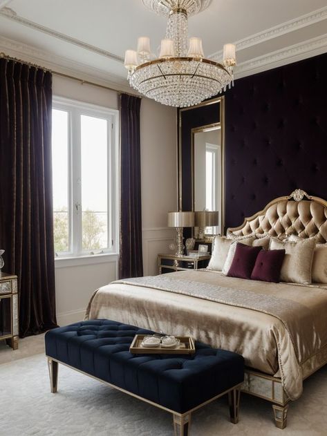 Royal Bedroom Black, Mafia Bedroom, Gold Black Bedroom, Dark Romantic Bedroom Ideas, Royal Luxury Bedroom Design, Dark Romantic Bedroom, Black Nightstands, Minimalistic Bedroom, Mafia Queen