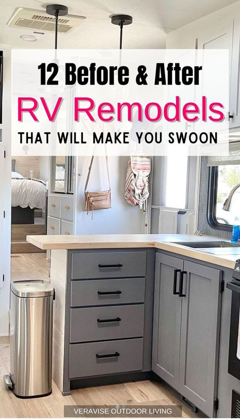 Dreaming of an RV remodel? Check out these 12 before & after rv remodels to get some inspiraiton for your project. Rv Remodel Before And After Rv Makeover, Rv Cupboard Makeover, Old Travel Trailer Remodel, Old Rv Remodel Before And After, Rv Remodel Color Schemes, Small Rv Kitchen Remodel, Rv Renovation Ideas Travel Trailer Remodel, Painted Rv Cabinets, Painting Inside Rv Color Schemes