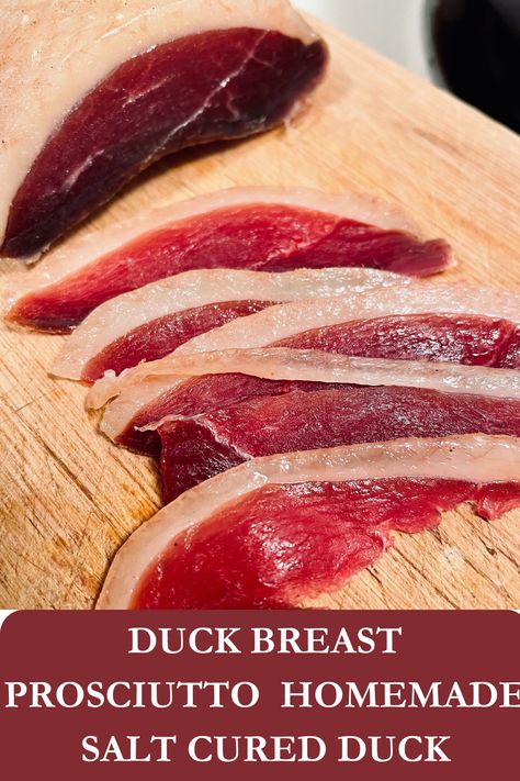 Duck breast prosciutto is a perfect place to start if you are interested in the world of charcuterie. It is not a huge investment in time or money to make a delicious piece of salt-cured meat. The only ingredients you need is some sea salt, black pepper and of course duck breast. Salt Cured Meat, Duck Chili Recipe, Duck Prosciutto, Cooked Duck, Duck Wings, Prosciutto Recipe, Pasta Bacon, Meat Curing, Cured Meat Recipes