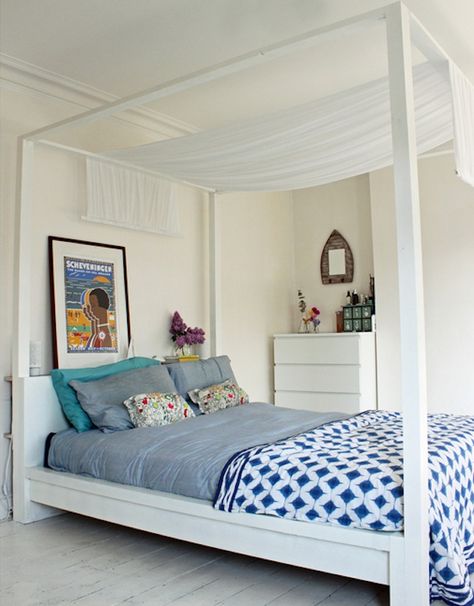 This MALM Bed Frame gets a sophisticated update with the addition of four beams and a chic piece of white cloth draped on top. Malm Bed Frame, Ikea Hack Bedroom, Ikea Bed Hack, Cama Ikea, Diy Storage Bed, Malm Bed, Ikea Apartments, Murphy Bed Ikea, Modern Murphy Beds