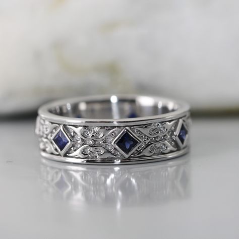 Unique Princess Cut Blue Sapphire Celtic Wedding Promise Ring For Him Promise Ring For Him, Mens Wedding Rings Unique, Celtic Wedding Bands, Promise Rings For Him, Unique Wedding Ring, Wedding Bands For Him, Wedding Anniversary Ring, Celtic Wedding Rings, Celtic Wedding