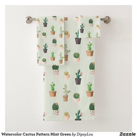 Watercolor Cactus Pattern Mint Green Bath Towel Set Cactus Bathroom Decor, Cactus Bathroom, Cow Bathroom, Future Bathroom, Green Bath Towels, Botanical Bath, Mint Background, Patterned Bath Towels, Cactus Pattern