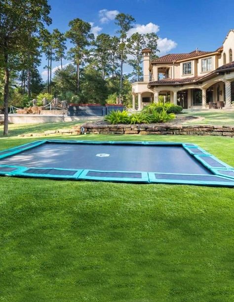 Big Country Backyard, Dream Backyard Playground, Big Inground Pool, Indoor Trampoline House, Backyard With Pool And Trampoline, Built In Trampoline Ground Level, I Ground Trampoline, Country House With Pool, I Ground Trampoline Ideas