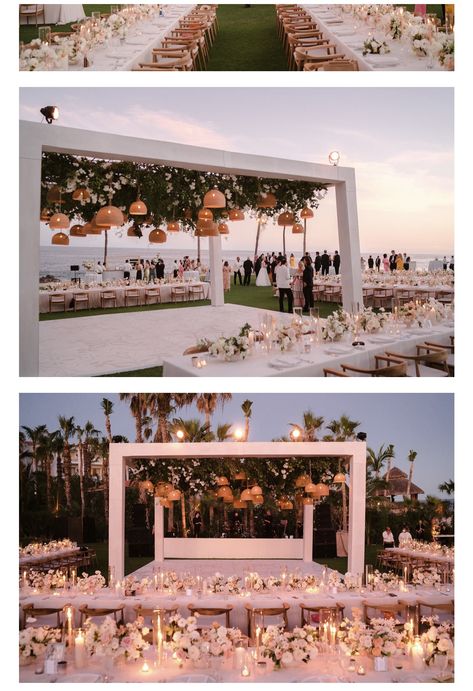 Sunset Cove Miami Wedding, Beach Wedding Reception Dance Floor, White Wedding Decor Elegant Outdoor, Cabana Wedding Decor, Wedding Structures Outdoor, Wedding Cabana Decor, Luxe Beach Wedding, Elegant Mexico Wedding, Elevated Beach Wedding