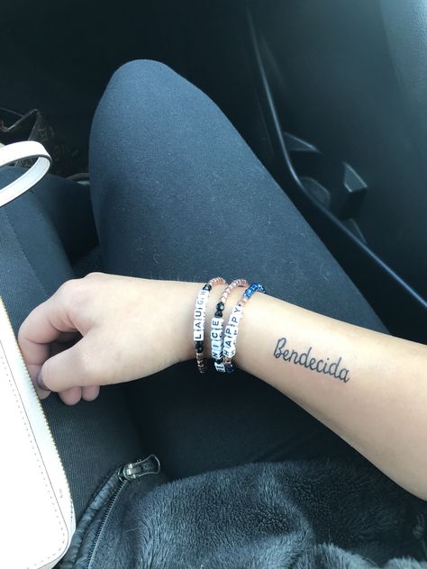 Blessed in Spanish #blessed #tattoo #simple #small Spanish Hand Tattoos, Dominican Tattoos For Women, Spanish Tattoos For Women, Spanish Word Tattoos, Hispanic Tattoos For Women, Mexican Tattoo For Women, Small Spanish Tattoos, Tattoos In Spanish, Spanish Quotes Tattoos