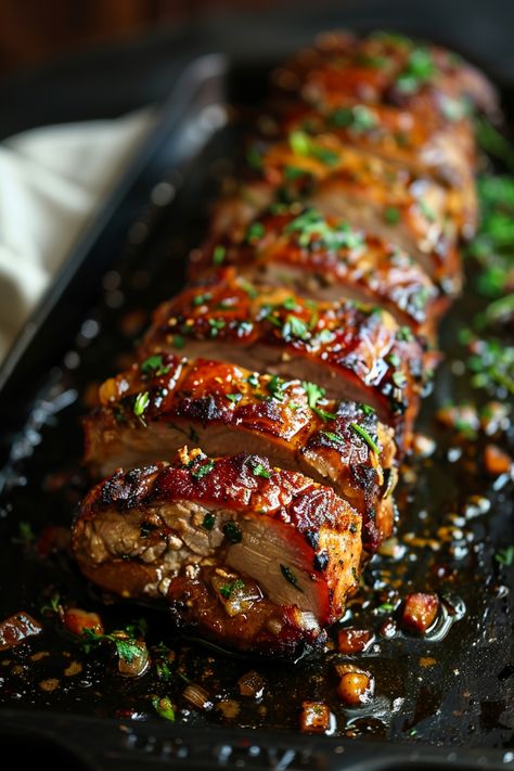 Sliced, glazed meatloaf garnished with fresh herbs in a black baking dish. Loin Of Pork Recipes Ovens, Juicy Pork Loin Recipes, Roasted Pork Loin Recipes, Pork Loin Dishes, Pork Top Loin Roast, How To Cook A Pork Loin In The Oven, Marinated Pork Loin Recipes Oven, Pork Loin Baked, Pork Tenderloin Baked