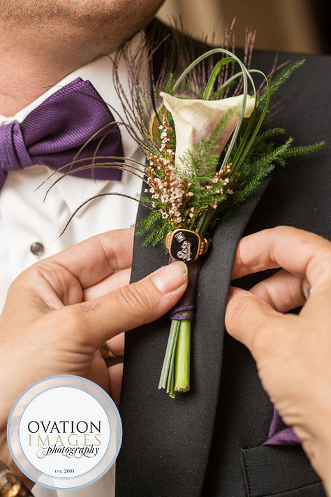 Feather in bout Boutonniere Purple, Diy Wedding Garland, Prom Flowers Corsage, Prom Corsage And Boutonniere, White Calla Lily, Pittsburgh Wedding Photography, Calla Lily Wedding, Wedding Boutonniere, Corsage And Boutonniere