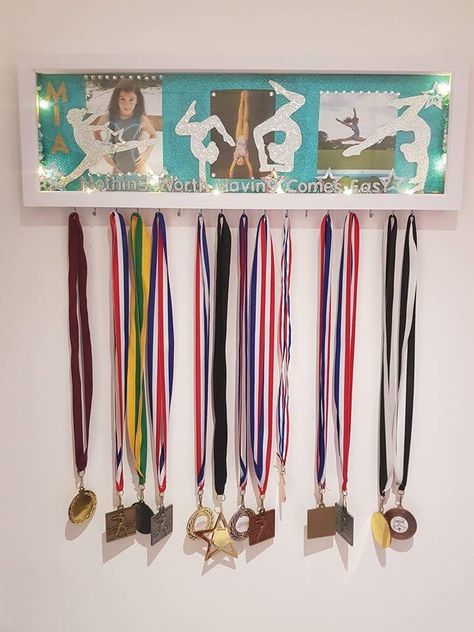 Cheer Trophy, Cheer Gifts Diy, Trophy Shelf, Cheer Team Gifts, Trophy Display, Medal Holder, Medal Holders, Beauty Room Decor, Cheer Gifts