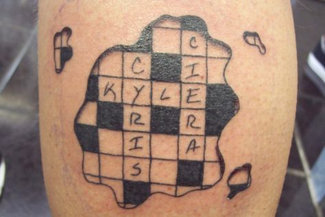 These are his kids names done in the ... Crossword Puzzle Tattoo Ideas, Crossword Tattoo Ideas, Crossword Puzzle Tattoo, Crossword Tattoo, Kid Name Tattoos, John Tattoo, Puzzle Tattoo, Name Tattoo Ideas, Puzzle Tattoos