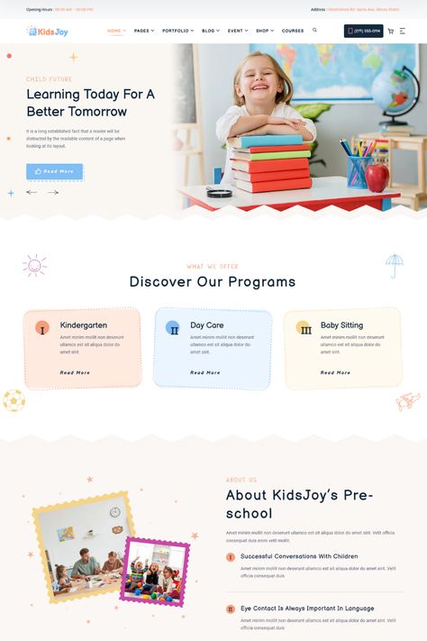 KidsJoy is a colorful and fun WordPress theme designed for kindergarten and preschool websites. With its playful design and easy-to-use features, this theme is perfect for creating a website that appeals to both kids and parents.The theme includes a range of customizable features, such as color schemes, fonts, and layout options, allowing you to create a website that perfectly reflects your brand and style. Kindergarten Website Design Inspiration, Parenting Website Design, Kindergarten Website Design, Preschool Website Design, Daycare Website Design, Kids Website Design Inspiration, Kindergarten Branding, Kids Website Design, Kindergarten Website