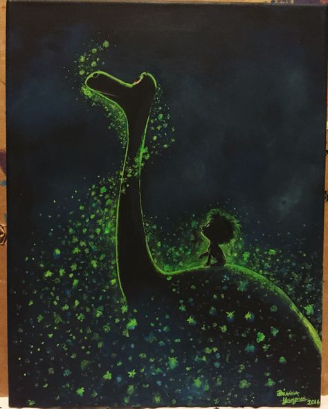 The Good Dinosaur is all done! Acrylic paints on canvas and glows in the dark! Acrylics Trendy, Watercolor Sunset Sky, Ideas Painting Canvas, Dark Inspiration, Painting Ideas On Canvas Acrylic, Dinosaur Painting, Good Dinosaur, Glow Paint, Dark Paintings