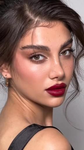 2023 Makeup Looks Natural, Vintage Make Up Tutorial, Minimalist Glam Makeup, Business Professional Makeup Looks, Red Lip Makeup Look Natural, Makeup For Magenta Dress, Genz Makeup, Maroon Lipstick Makeup, Retro Glam Outfit