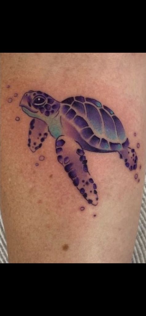 Purple Sea Turtle Tattoo, Sea Turtle Tattoo Realistic, Watercolor Sea Turtle Tattoo, Watercolor Turtle Tattoo, Sea Turtle Tattoo For Women, Water Themed Tattoos, Sea Turtle Watercolor Tattoo, Sea Themed Tattoos, Turtle Watercolor Tattoo