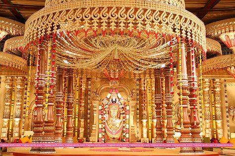 Temple Mandap Designs For Your Wedding | WedMeGood Hyderabad Wedding, Hindu Wedding Decorations, Indian Wedding Stage, Engagement Stage Decoration, Mandap Design, Simple Stage Decorations, Wedding Stage Backdrop, Wedding Hall Decorations, Wedding Stage Decor