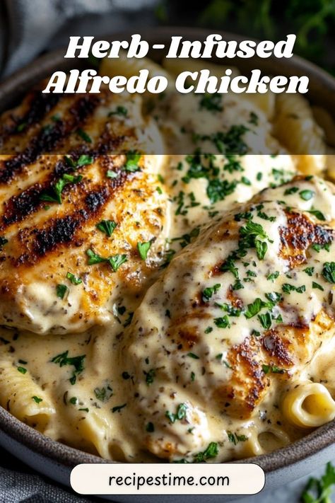 Savor the flavors of herb-infused Alfredo chicken, a simple yet elegant dish with creamy sauce and fresh herbs. #AlfredoChicken #HerbInfused Baked Tortellini Alfredo, Alfredo Chicken, Tortellini Bake, Chicken Alfredo Pasta, Basil Pasta, Healthiest Seafood, Romano Cheese, Alfredo Pasta, Chicken Alfredo