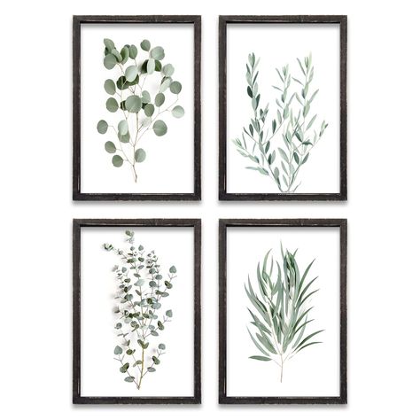 PRICES MAY VARY. 【Size Description】: Each piece of the 4-piece set measures 16 inches × 11 inches × 0.8 inch and weighs 3.4 pounds. Hang it anywhere you want guests to see it in your home. 【Material】: The high-quality wall decoration frame is made of natural high-quality wood material, which is sturdy and reliable. The frame is hand-dyed, each piece is unique, and the central part is UV printed for bright colors and does not fade. 【Easy to Use】: The wall decoration zigzag hook is installed on th Botanical Boho Bedroom, Large Farmhouse Bathroom, Black And White Bathroom With Greenery, Eucalyptus Bathroom Theme, Bathroom Wall Art Greenery, Eucalyptus Wall Hanging Above Bed, Bathroom Minimalist, Floral Living Room, Black And White Botanical Prints Framed