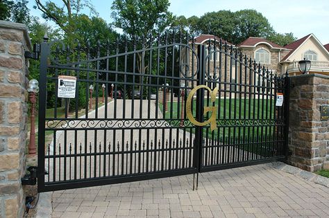 Ornate gates with letter initial Gate With Last Name, Cheap Privacy Fence, Estate Gates, Gate Ideas, Double Gate, Vision Art, Front Gates, Gate House, East River