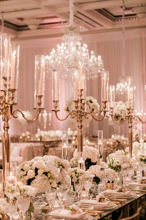 White Flower Centerpieces, Candelabra Centerpieces, Pastel Wedding Decorations, Pastel Table, Candelabra Wedding Centerpieces, Ballroom Wedding Reception, Tent Wedding Reception, Gold Candelabra, Candelabra Wedding