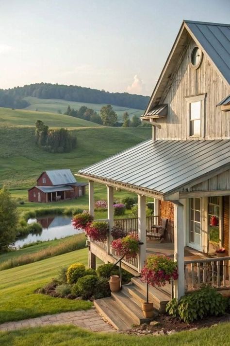 Small House In Countryside, Ranch Style Country Homes, Big House In The Countryside, Ranch Country Homes, Rustic Country Home Exterior, Rustic Farmhouse Exterior Country Houses, Stone Cottage With Porch, Farm Life House, Houses In Countryside