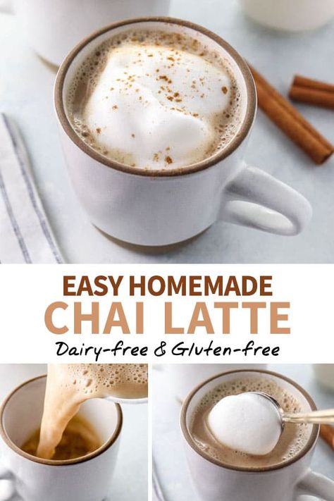 This Healthy Chai Latte recipe is dairy-free and naturally sweetened, made with pure maple syrup and almond milk. It takes less than 5 minutes to prepare on the stove and is caffeine-free! #healthychailatte #chai Easy Chai Latte Recipe, Homemade Chai Tea Latte, Homemade Chai Latte, Chai Tea Latte Recipe, Homemade Chai Tea, Chai Latte Recipe, Homemade Chai, Chai Tea Recipe, Tea Latte Recipe