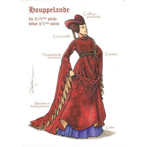 The Houppelandes for women had imaginatively cut sleeves. Men's houppelandes (whether they were long or short) had either wide, funnel-shaped, or hanging sleeves. 1400s Fashion, 15th Century Fashion, Medieval Garb, Medieval Clothes, Victorian Costume, Art Costume, History Fashion, Middle Age Fashion, Medieval Costume