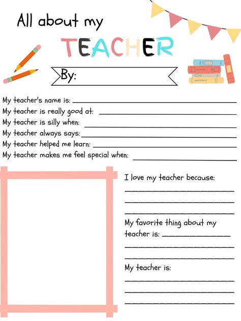 Teacher Papers, All About My Teacher, I Love My Teacher, Male Teacher Gifts, All About Me Worksheet, Unique Teachers Gift, Teacher Templates, Teachers Day Gifts, Teacher Boards