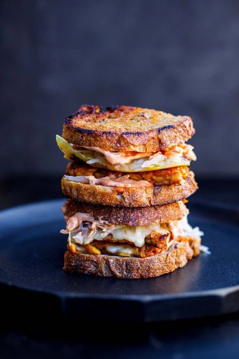 This toasty Tempeh Reuben Sandwich is so delicious! Made with seasoned tempeh, fermented sauerkraut, melty cheese, and classic Reuben sauce, keep it vegetarian or use vegan cheese for a vegan Reuben! Vegan-adaptable. Sauerkraut Grilled Cheese, Reuben Sauce, Tempeh Reuben, Vegan Reuben, Vegetarian Diet Recipes, Fermented Sauerkraut, Reuben Sandwich, Melty Cheese, Tempeh