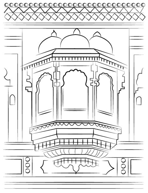 Line art Illustration Art Architecture, Mughal Architecture Painting, Pichavai Art, Mysore Palace Drawing, Indian Architecture Illustration, Mughal Architecture Motifs, Indian Architecture Sketches, Pichwai Shreenathji, Palace Sketch