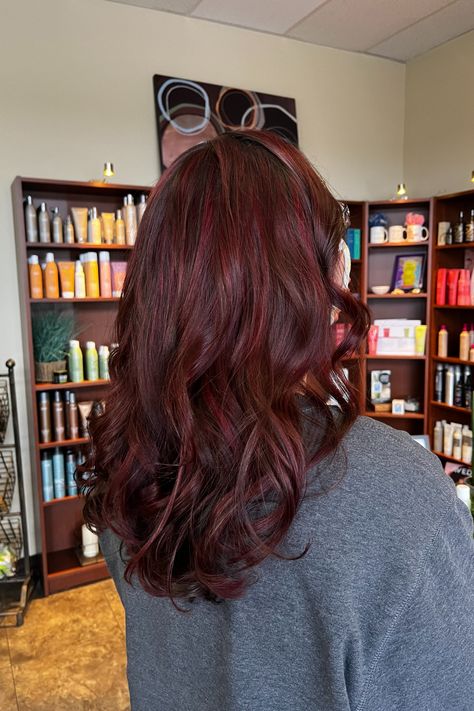 Cut & Color by Jen G #utopiasalon #utopiahair #beautybyutopia #bestsalonvanwa #salonvanwa #pnwhairstylist #haircolor #hairstyle #greathair #hairgoals #deepredhair #darkredhair #redhairinspiration #redhair #redhairdontcare #redhairlove #curlyred #curlyhair #curlyredhair #fallhaircolor #fallhair #fallhairtrends #fallhairstyles #cutandcolor #cutcolorcurl Mid Length Dark Red Hair, Wavy Dark Red Hair, Dark Natural Red Hair, Dark Red Wavy Hair, Red Wavy Hair, Red Hair For Summer, Red Roots Hair, Crimson Red Hair, Deep Red Hair