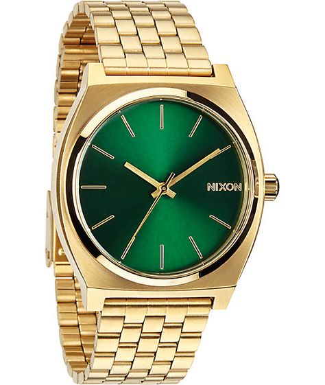 An dependable 3 hand Japanese quartz movement in a gold 37mm stainless steel case for a elegant look with a green face and 100 meter water resistance. Mens Gold Watches, Nixon Time Teller, Nixon Watches, Watch Green, Nixon Watch, Water Resistant Watch, Gold Watches, Odd Future, Women Watches