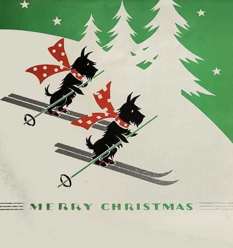 Christmas Dog Illustration, Scottie Dog Christmas, Skiing Art, Deco Christmas, Vintage Holiday Cards, Greeting Card Art, Dog Christmas Card, Antique Postcards, Scotty Dog