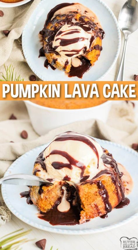 Pumpkin Lava Cake Recipe, Pumpkin Cake Filling, Lava Cake Recipe, Lava Cake Recipes, Molten Lava Cakes, Chocolate Pumpkin, Homemade Pumpkin Puree, Individual Cakes, Quick Easy Desserts