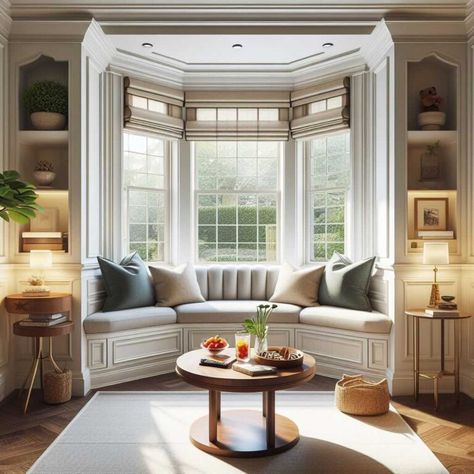 Bay Window Seat Living Room, Bay Window Living Room Layout, Window Seat Living Room, Bay Window Decorating Ideas, Window Decorating Ideas, Bay Window Benches, Window Seat Ideas, Living Room Bay Window, Bay Window Living Room