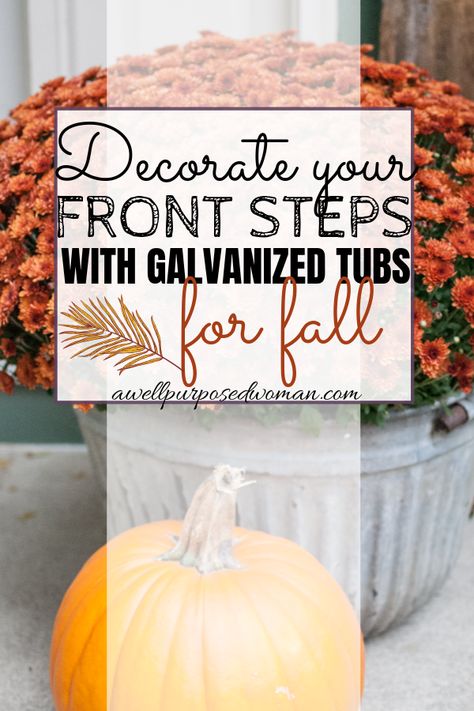 Do you have some galvanzied tubs and want to use them for your fall decor? What about putting them out on our front steps with some beautiful fall flowers. This year I was motivated to make my front steps be very warm and welcoming to friends and strangers alike. I used these galvanzied metal tubs, mums and some pumpkins. Check out how I used them on the post below. Galvanized Tub Fall Decor Ideas, Galvanized Tub Fall Decor, Galvanized Tub Ideas For Fall, Galvanized Wash Tub, Tin Tub, Fall Yard Decor, Mums In Pumpkins, Old Bathtub, Galvanized Tub