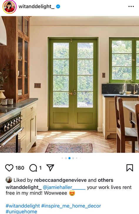 Olive Kitchen Walls, Green Trim Interior, Olive Kitchen, Window Trim, Kitchen Window, Green Kitchen, Paint Color, Kitchen Wall, White Walls