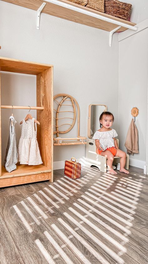 mikee | home + motherhood | Organize + Transition My infant closet system to Kalea’s Montessori Wardrobe 🥹 She’s been showing interest in dressing herself and I… | Instagram Infant Closet, Montessori Wardrobe, Toddler Wardrobe, Dress Overalls, Baby Closet, Small Clothes, Closet System, Montessori, Wardrobe