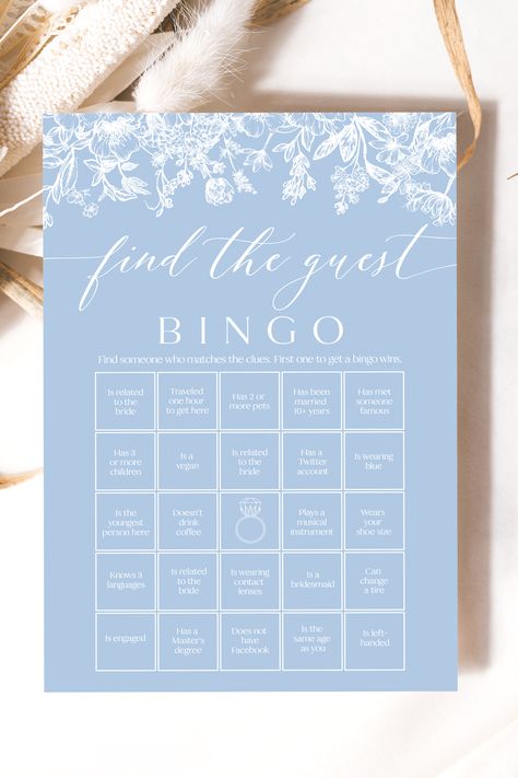 Dusty Blue White Find the Guest Bingo Bridal Shower Game Printable Blue Vintage Floral Find the Guest Bingo Game Bachelorette Game Bingo B4 Blue Bridal Shower Decorations, Blue Bridal Shower Themes, Bingo Bridal Shower Game, Find The Guest Bingo, Guest Bingo, Romantic Bridal Shower, Bridal Party Games, Find The Guest, Bridal Shower Inspo