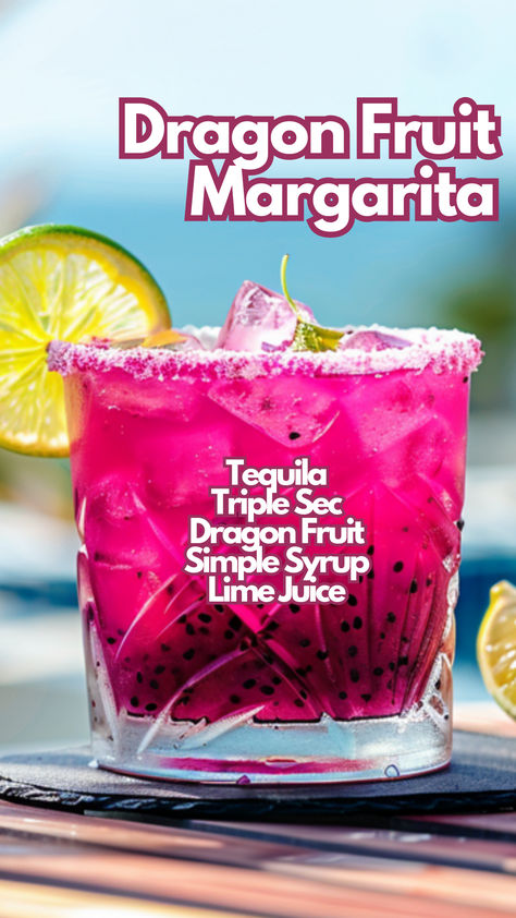 Dragon Fruit Margarita Mix Drinks Alcoholic Tequila, Dragon Fruit Margarita, Drink Board Ideas, Special Drinks Alcohol, Mexican Drinks Alcohol, Dragonfruit Margarita, Dragon Fruit Margarita Recipe, Dragonfruit Cocktail, Tequila Cocktails Recipes