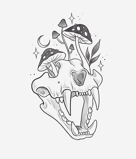 Cat Skull Mushroom Tattoo, Simple Animal Skull Drawing, Reindeer Skull Tattoo, Cottage Core Flash Tattoo, Mushroom Moon Drawing, Small Pretty Tattoos Simple, Witch Vibe Tattoo, Mushroom Flash Art, Halloween Mushroom Tattoo