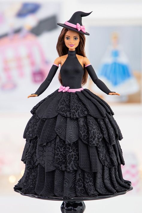 Barbie Witch Doll Cake - Halloween cake Black Barbie Birthday Cake Ideas, Barbie Halloween Cake, Witch Cake Ideas, Fondant Doll Cake, Witch Birthday Cake, Doll Theme Cake, Witch Cakes, Doll Cake Design, Halloween Fondant Cake