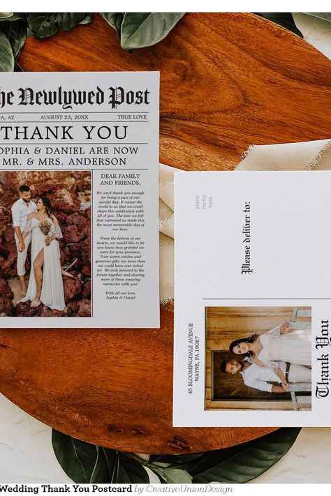 Unique Newspaper Wedding Thank You Postcard Wedding Postcard Thank You, Newspaper Wedding, Wedding Thank You Postcards, Wedding Newspaper, Wedding Postcard, Thank You Postcards, Days Of Our Lives, Wedding Thank You, Newspaper