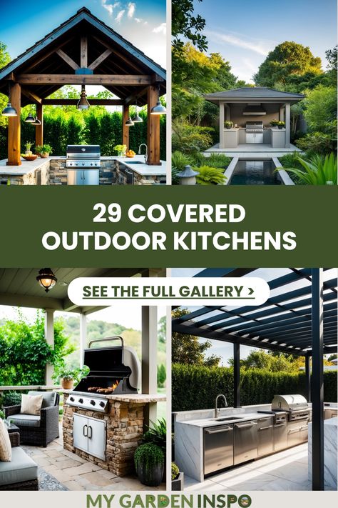 Explore 4 unique images showcasing stunning covered outdoor kitchen ideas, including a rustic wooden roof environment, serene Zen gardens, cozy barbecue settings, and sleek modern designs that are perfect for outdoor entertaining. Outdoor Living Space With Kitchen, Kitchen To Outdoor Area, Outdoor Kitchen And Living Room, Pergola With Kitchen, Outdore Kitchen, Outdoor Pergola Kitchen, Covered Bbq Area Ideas Outdoor, Small Outdoor Kitchen Ideas Simple, Covered Outdoor Kitchen Design