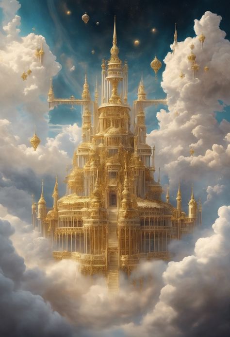 Celestial Cloud Palace Check more at https://paintlyx.com/celestial-cloud-palace/ Cloud Kingdom Aesthetic, Japanese Fortress, Celestial Palace, Cloud Palace, Magical Locations, Sky Palace, Floating Palace, Cloud Kingdom, Sun Palace