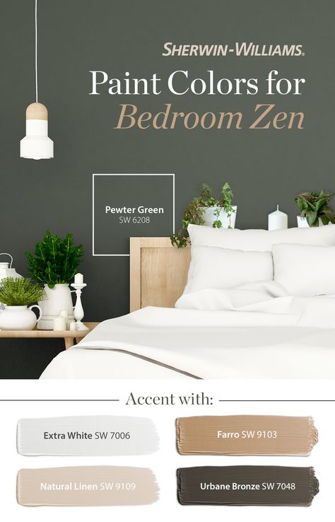 Want to create a zen-like bedroom? Start with paint colors that are rooted in nature, like Urbane Bronze SW 7048, the Sherwin-Williams 2020 Color of the Year. TIP: Accessorize with a variety of greenery and succulents to dial up that "secret garden" vibe! Tap this pin for color inspiration. #SWColoroftheYear #garden #sanctuary #colorinspiration #diy #nature #paint #bedroom #homedecor #green #neutrals Colors For Bedrooms, Bedroom Zen, Colors Bedroom, Pewter Green, Bedroom Paint Colors Master, Garden Sanctuary, Paint Bedroom, Zen Bedroom, Sherwin Williams Paint Colors