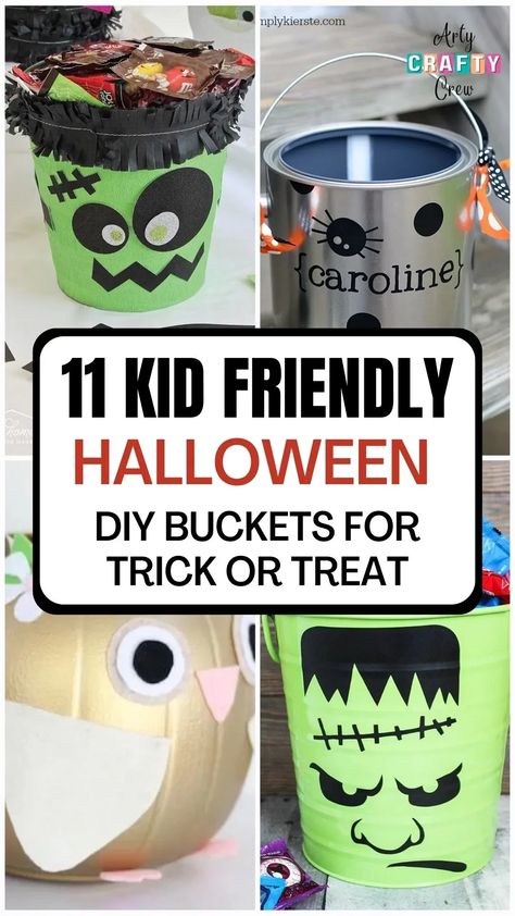 Diy Halloween Bucket, Diy Halloween Buckets For Kids, Diy Trick Or Treat Buckets, Diy Halloween Baskets For Kids, Halloween Buckets For Kids, Halloween Bucket Ideas, Pumpkin Bucket Decor, Halloween Buckets Ideas, Diy Halloween Buckets